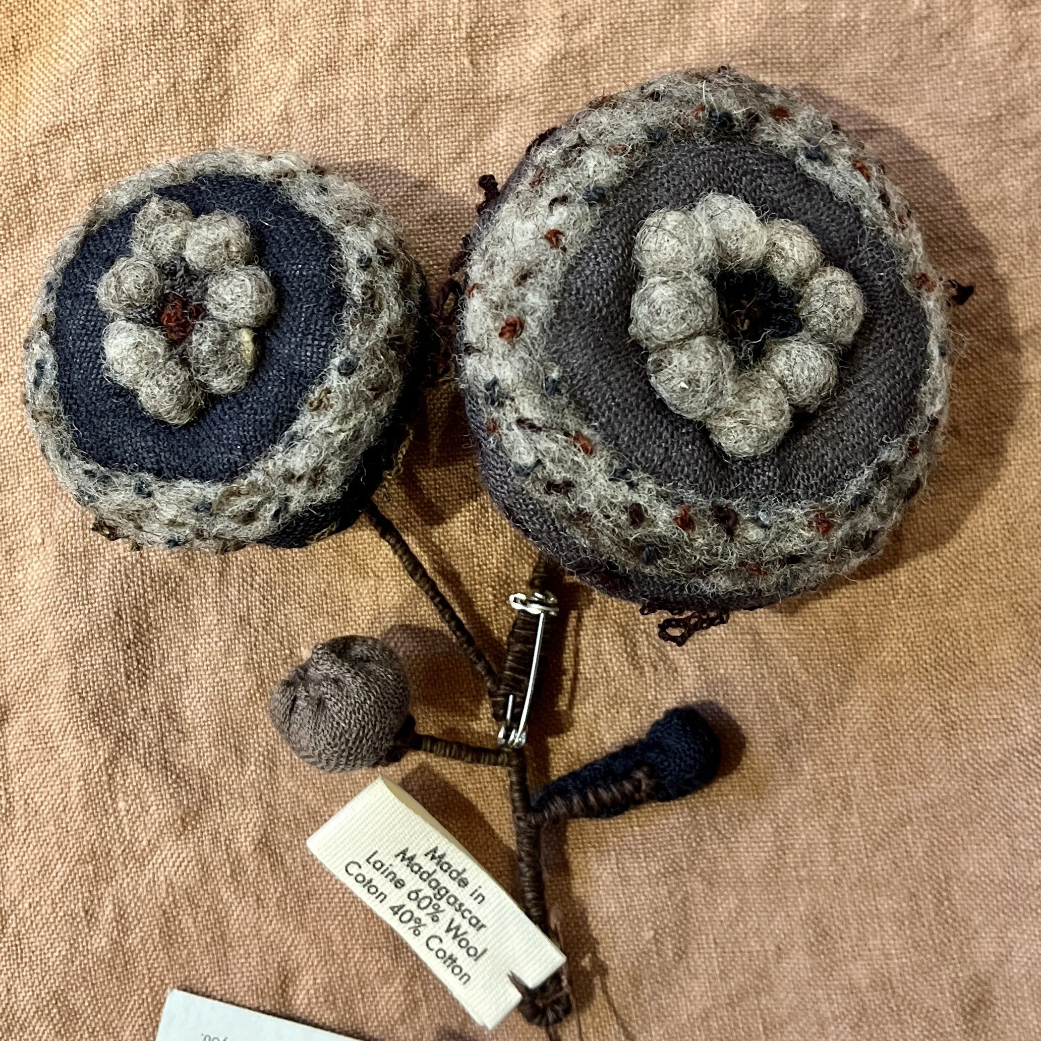 Applique and carded wool brooches