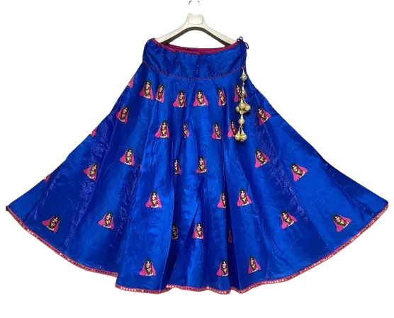 Blue Lady with Glasses Cotton Silk Flared Navratri Skirt