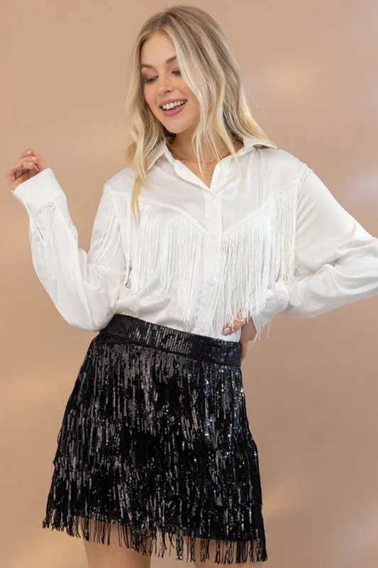 Chevron Fringe Satin Blouse