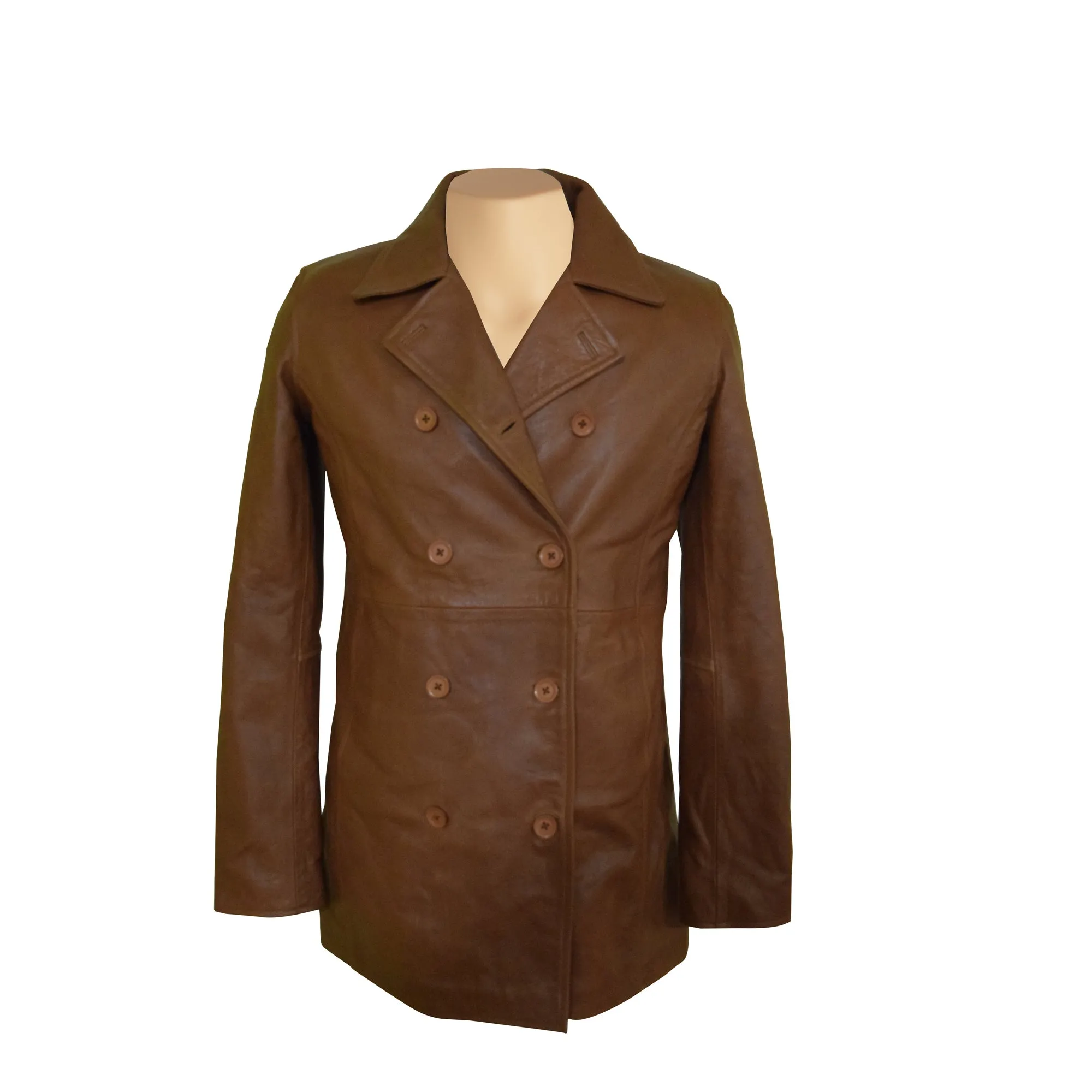 Corrina’s Camel Leather Peacoat