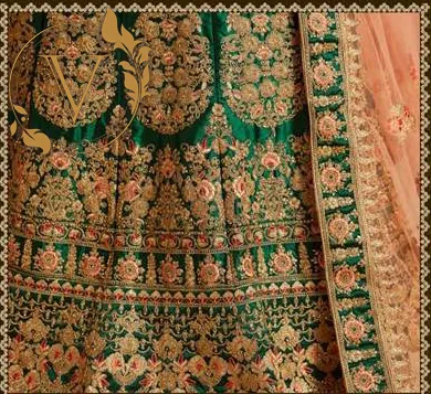 Embroidered Satin Lehenga in Green