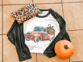 Fall Distressed Truck with Leopard Pumpkin - Black/White Raglan