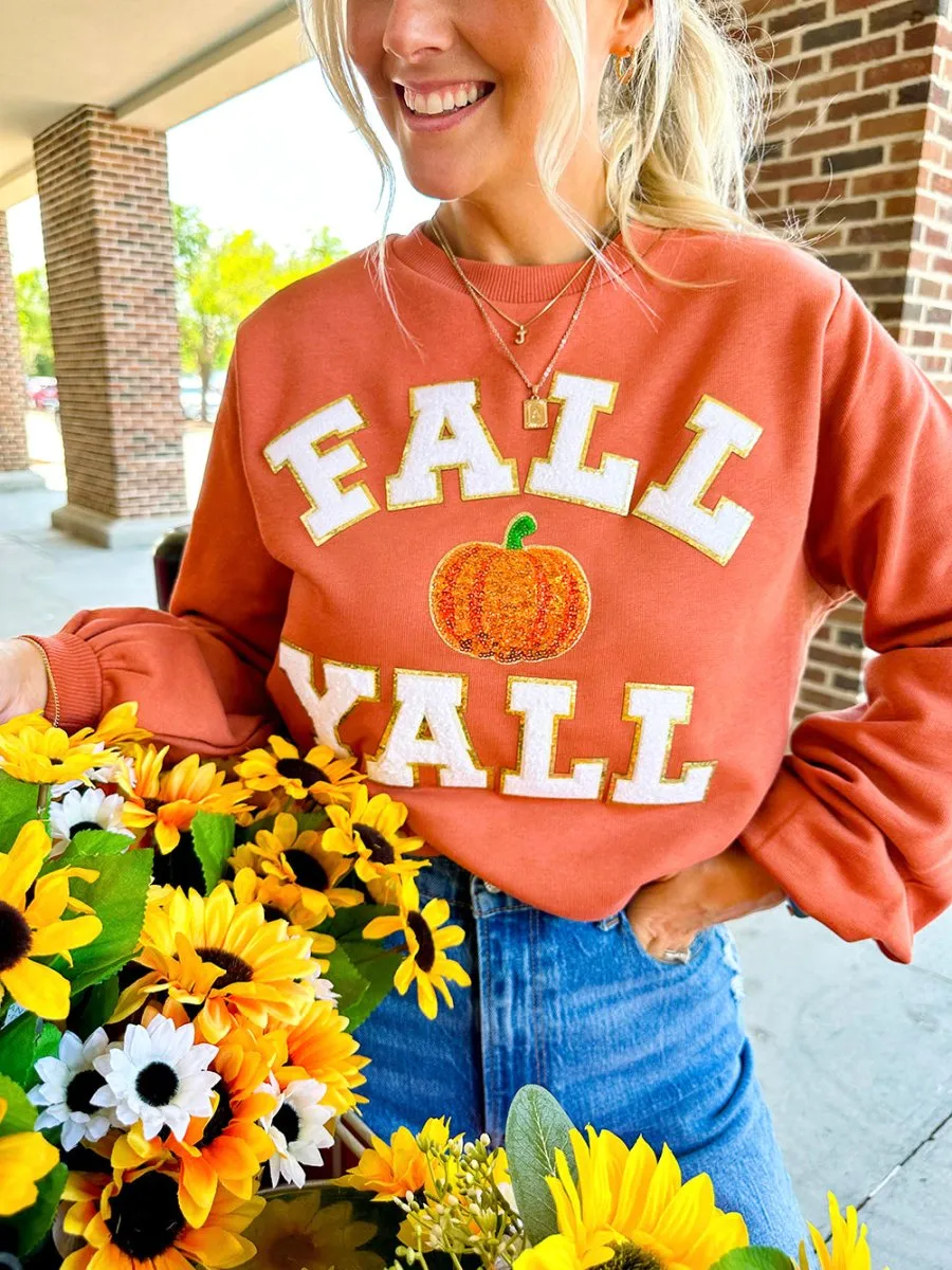 'Fall Y'all Sequin Pumpkin' Letter Patch Balloon Sleeve Crewneck