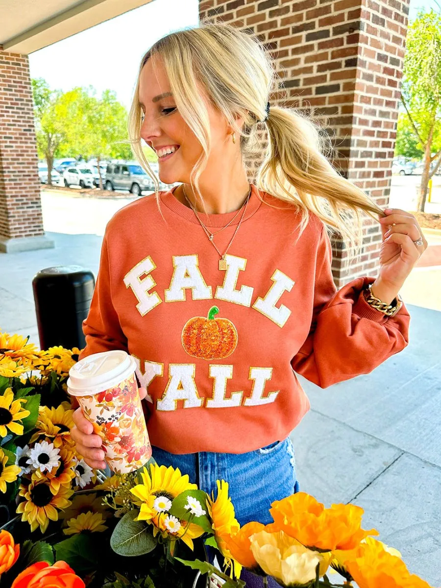 'Fall Y'all Sequin Pumpkin' Letter Patch Balloon Sleeve Crewneck