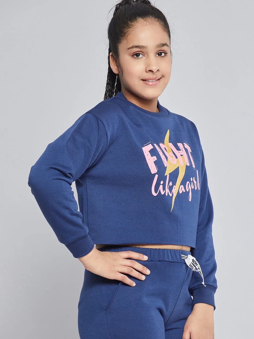 Girls Blue Fleece FIGHT Crop Sweatshirt