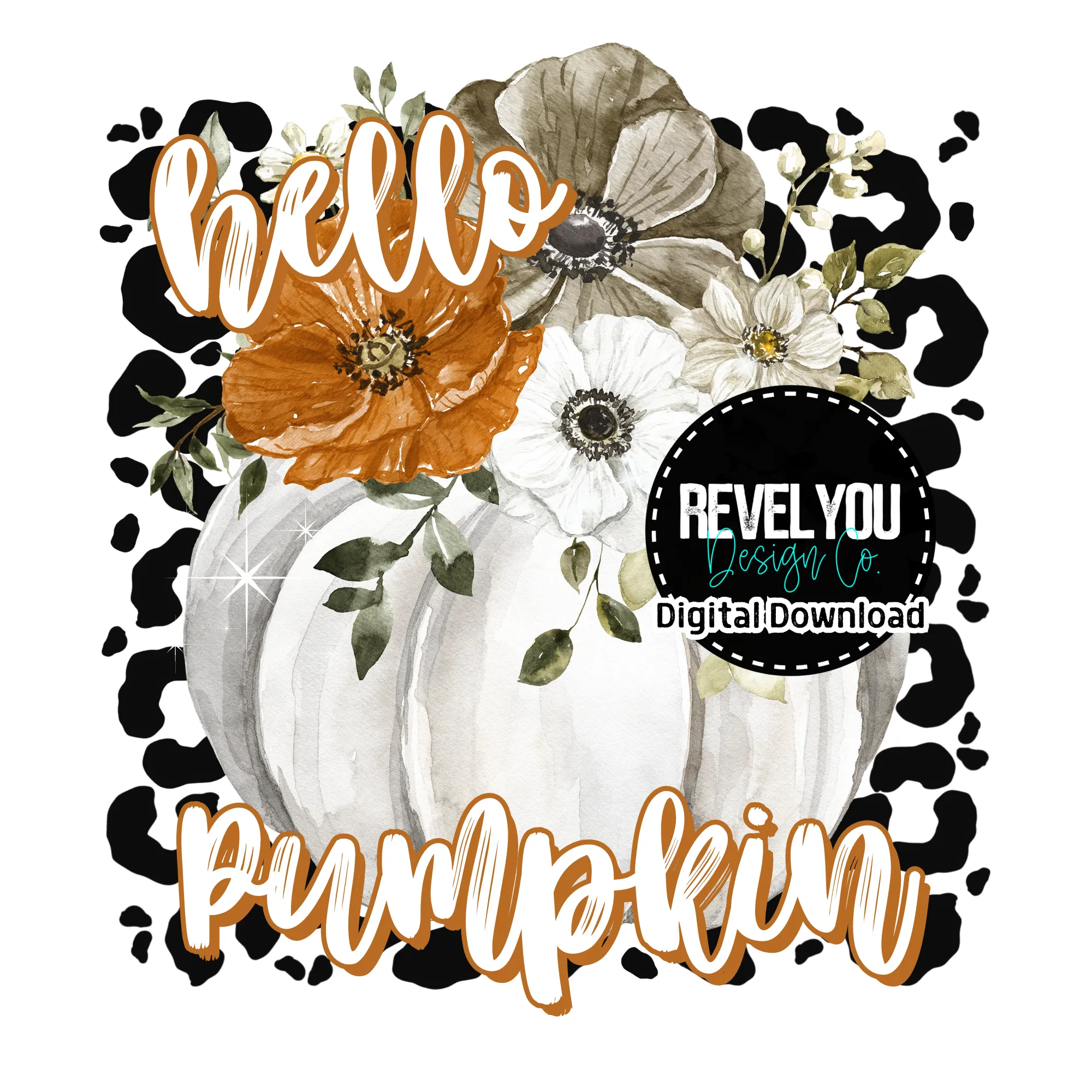 Hello Fall Pumpkin Black Leopard - PNG