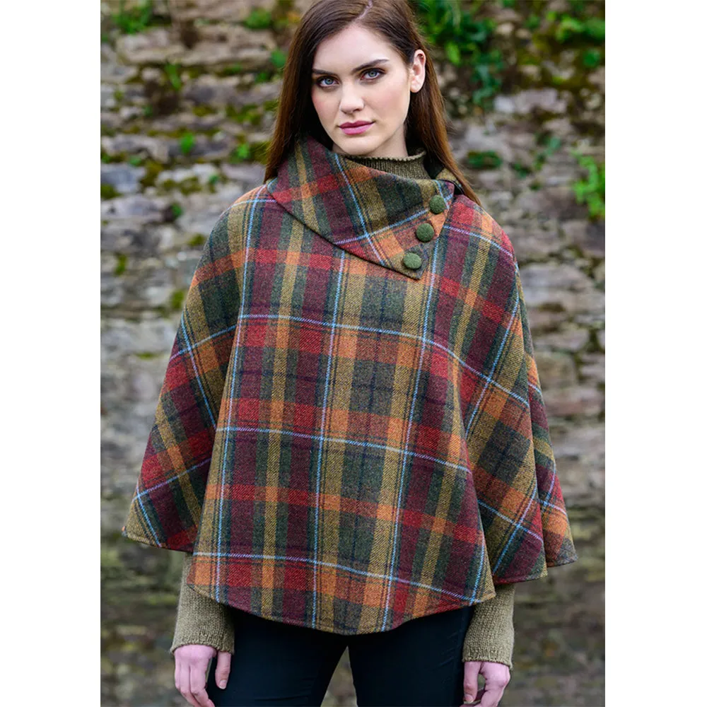 Cozy Irish Pure Wool Buttoned Poncho Wrap