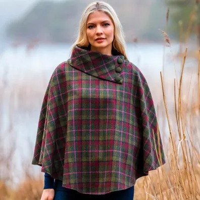 Cozy Irish Pure Wool Buttoned Poncho Wrap