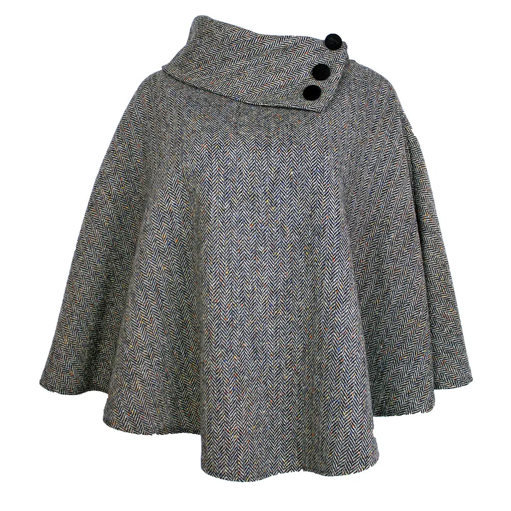 Cozy Irish Pure Wool Buttoned Poncho Wrap