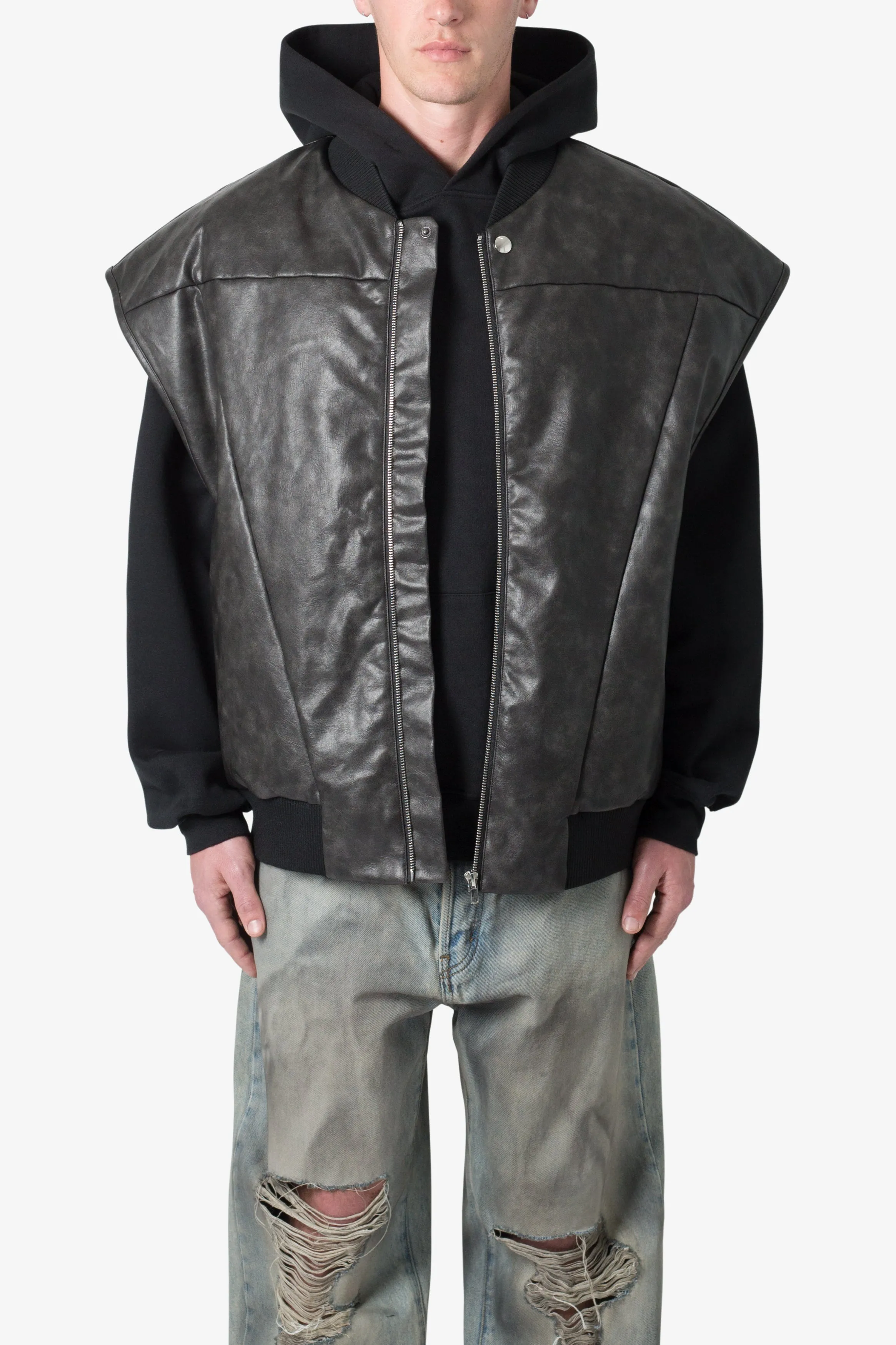 Leather Bomber Vest - Black