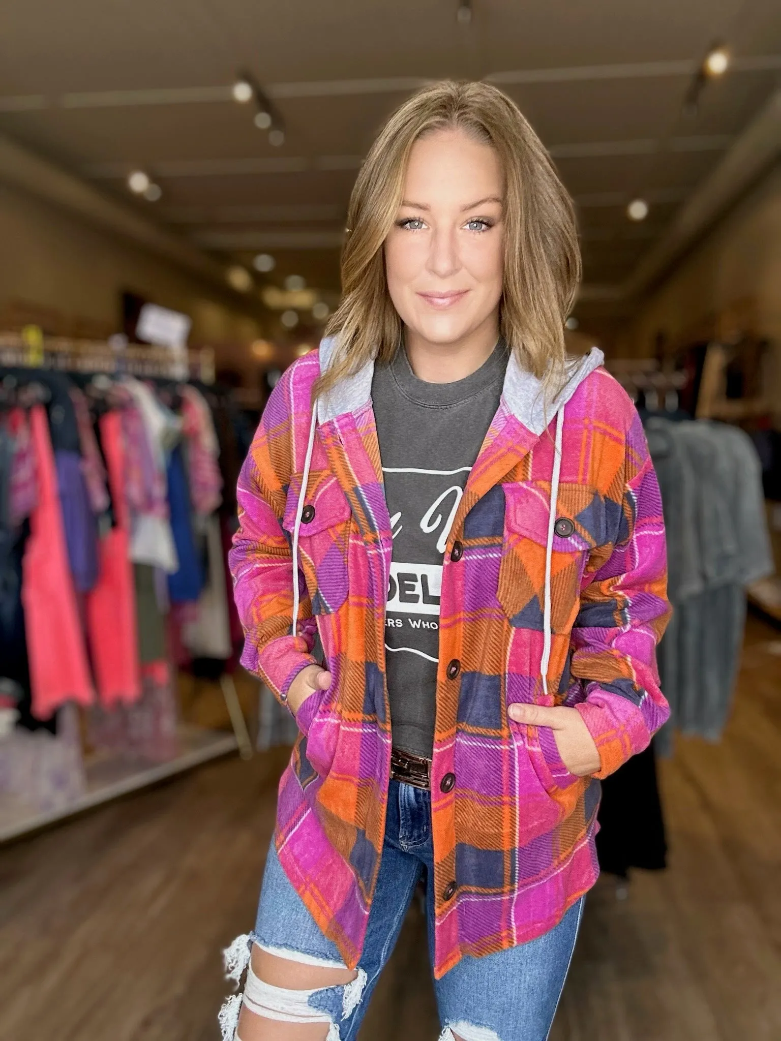 Magenta Plaid Fleece Hooded Shacket