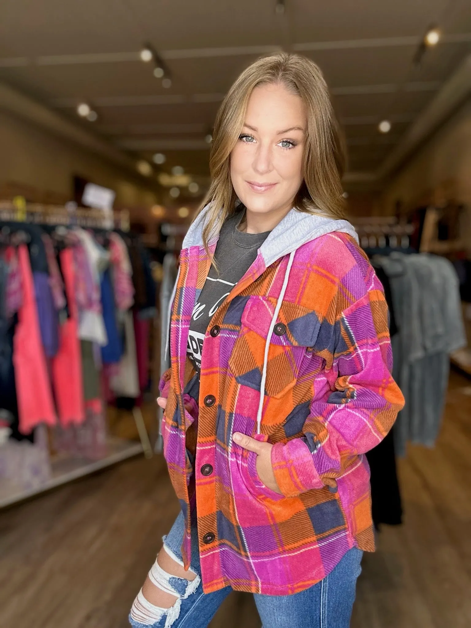 Magenta Plaid Fleece Hooded Shacket