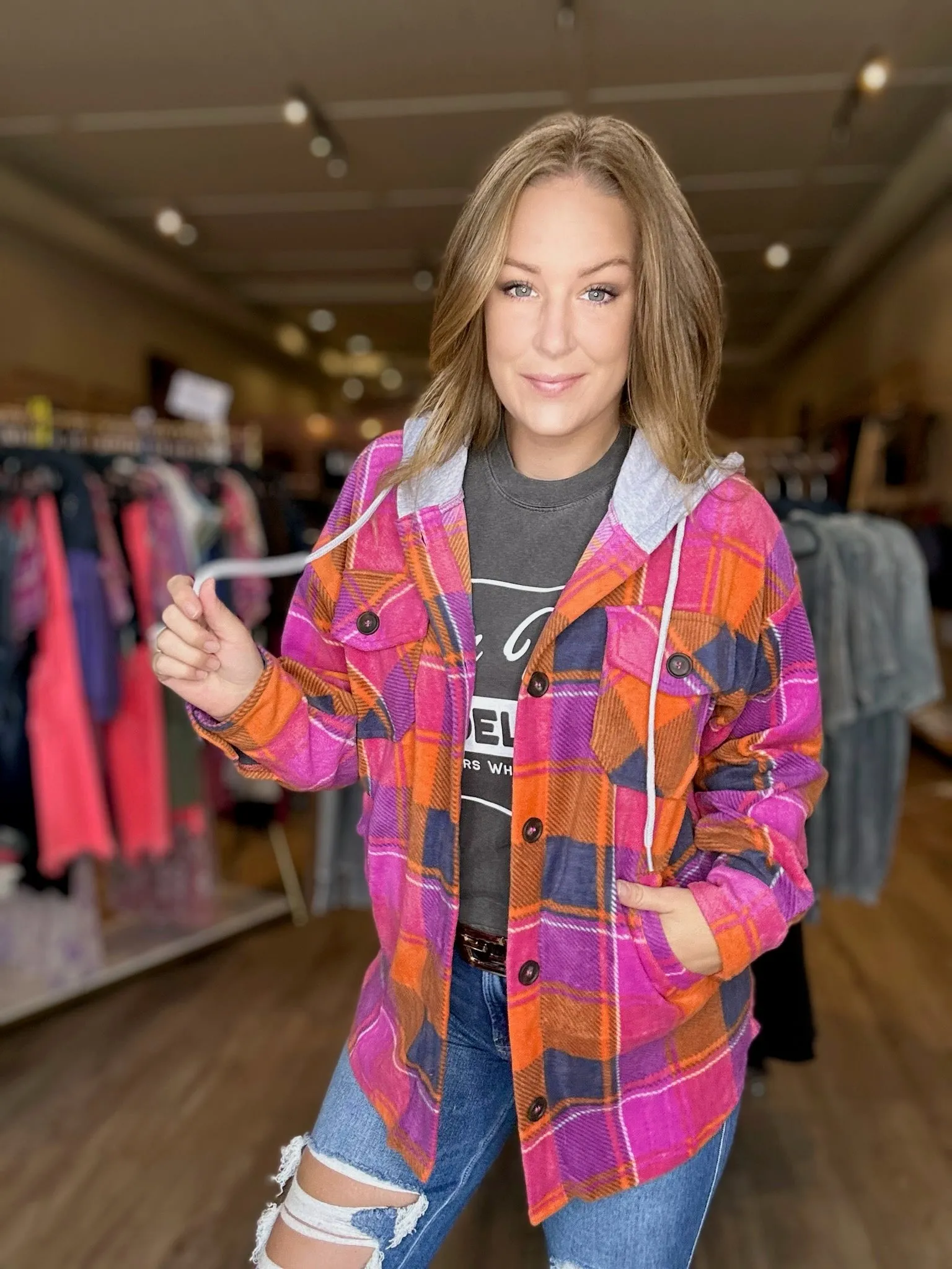 Magenta Plaid Fleece Hooded Shacket