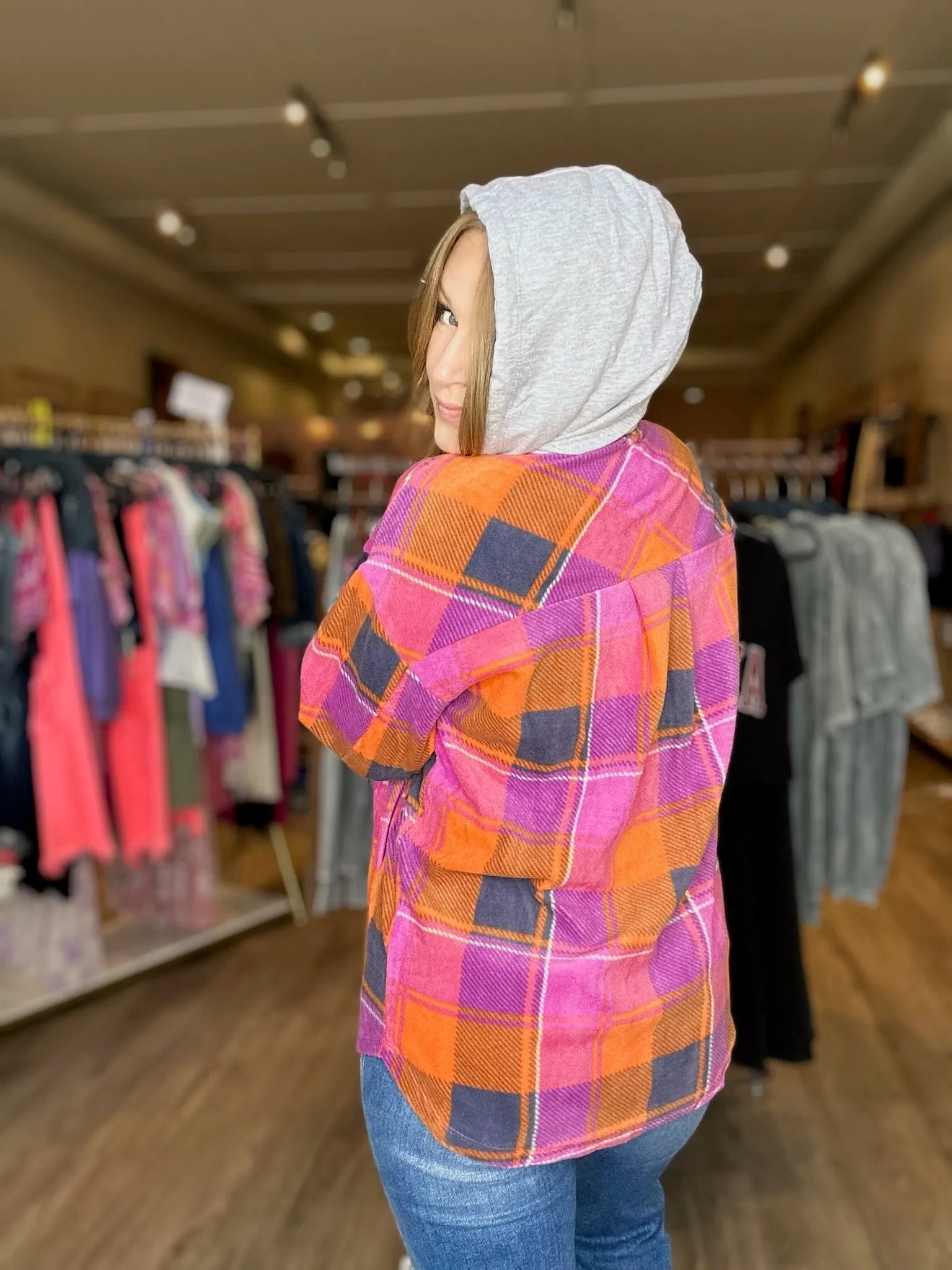 Magenta Plaid Fleece Hooded Shacket