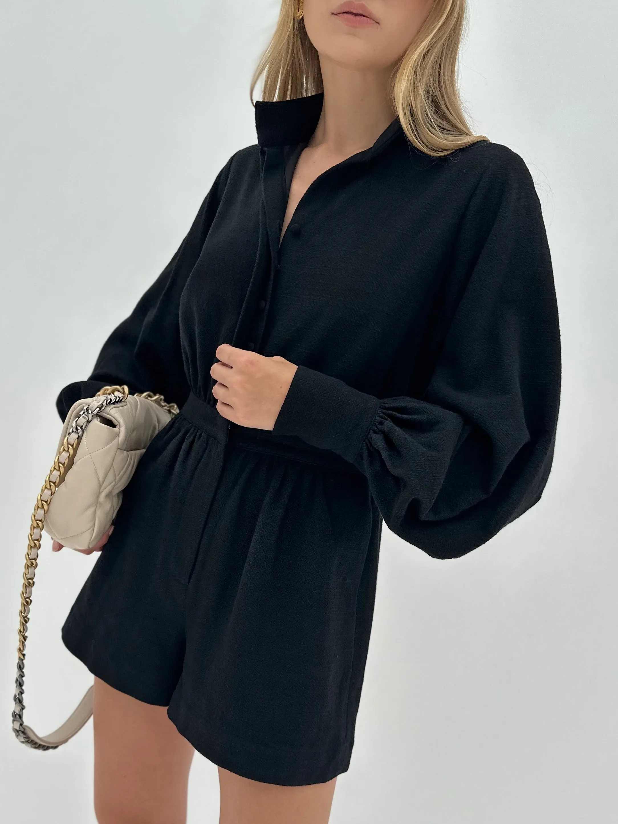 Neesha Button Through Fall Playsuit | Black