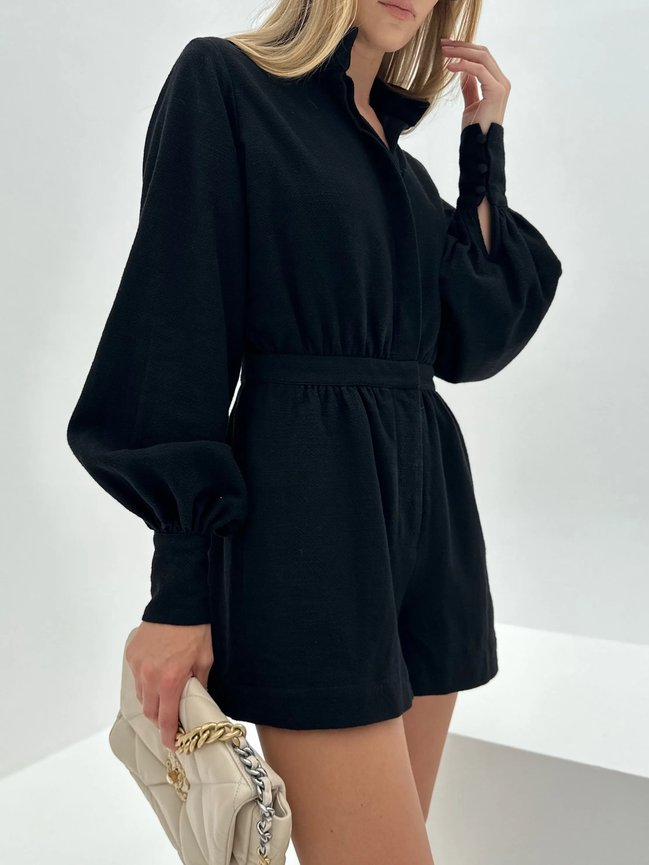 Neesha Button Through Fall Playsuit | Black