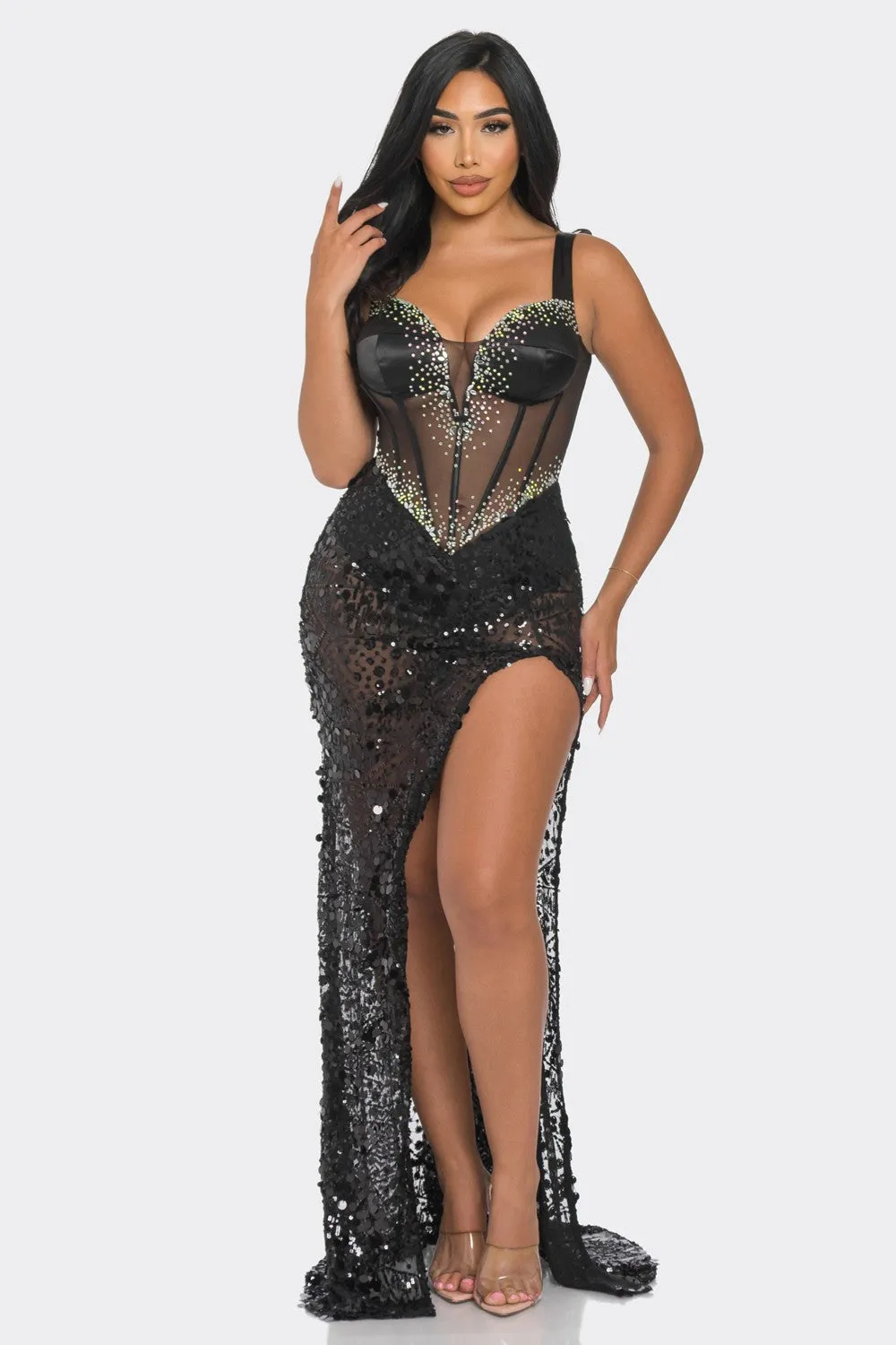 Elegant Satin Bustier Maxi Dress with Sequin Detail