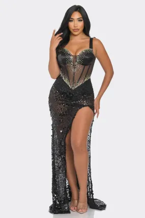 SATIN BUSTIER SEQUIN MAXI DRESS