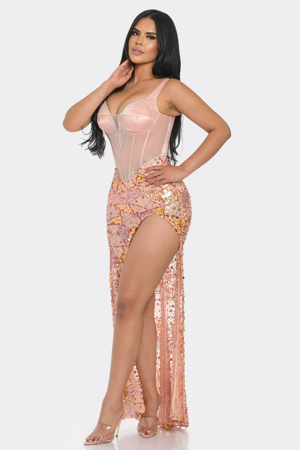 SATIN BUSTIER SEQUIN MAXI DRESS