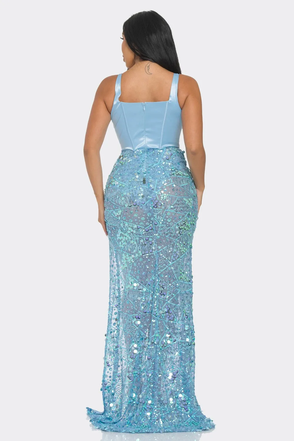 Elegant Satin Bustier Maxi Dress with Sequin Detail