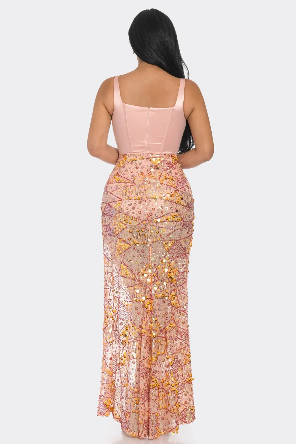 Elegant Satin Bustier Maxi Dress with Sequin Detail