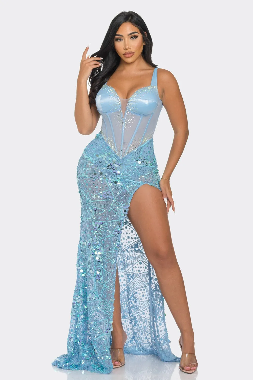 Elegant Satin Bustier Maxi Dress with Sequin Detail