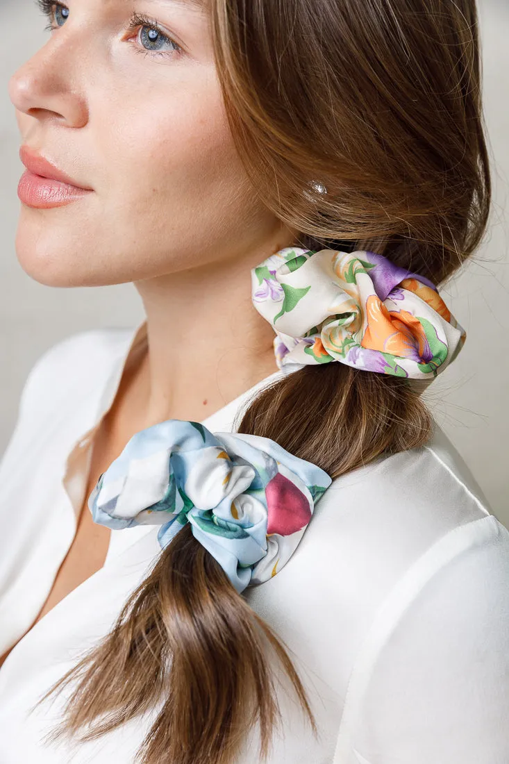 SATIN FLORAL SCRUNCHIES