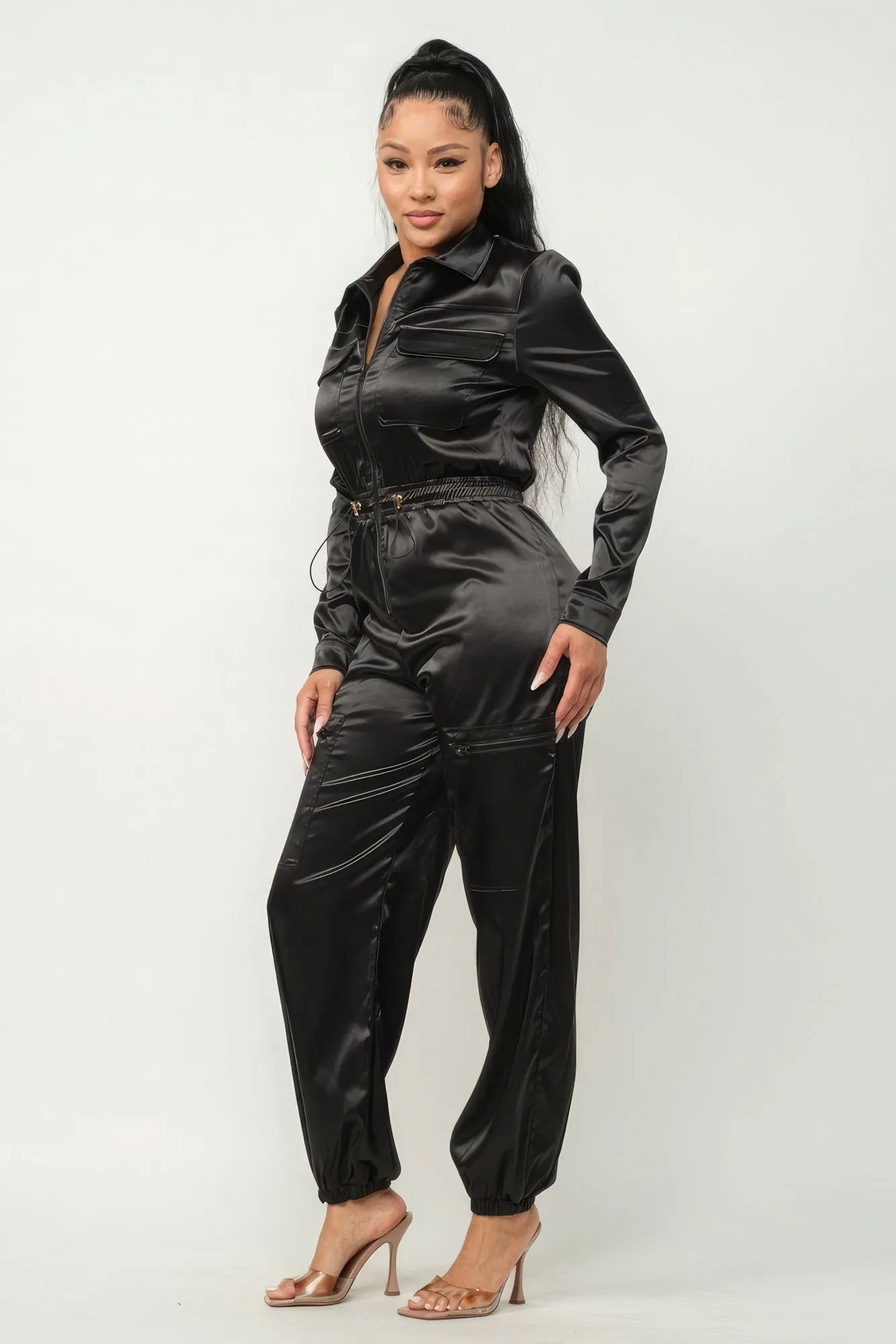 Zip Front Satin Cargo Jumpsuit